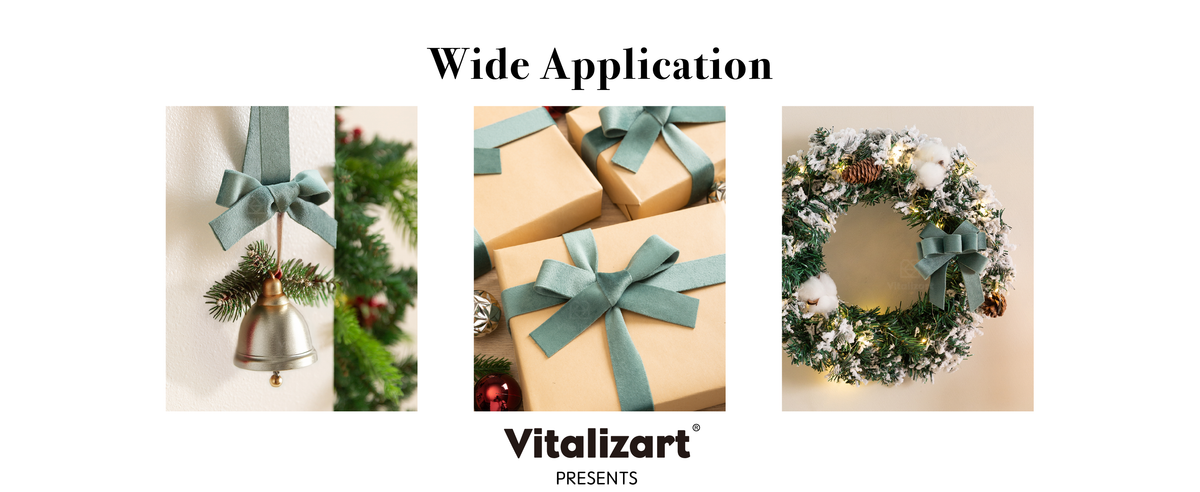 Dusty green velvet ribbon used for a hanging bell, wrapped gifts, and a snowy illuminated wreath.