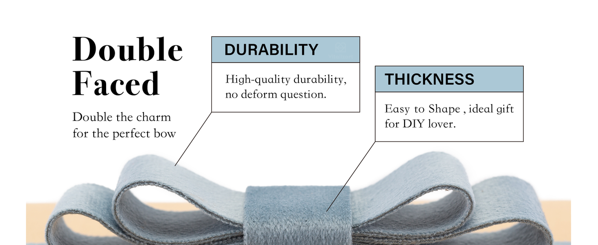 Close-up of dusty blue velvet ribbon folded into a layered bow, showing its plush texture and thickness.