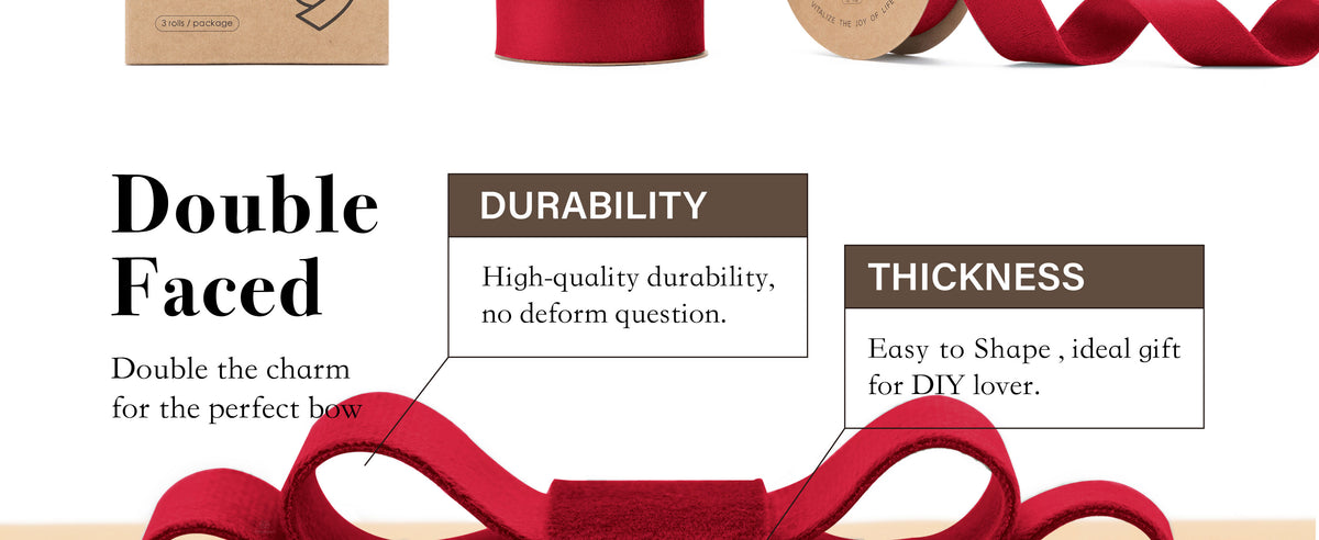 Red velvet ribbon shaped into a layered bow, with callouts highlighting durability and thickness.