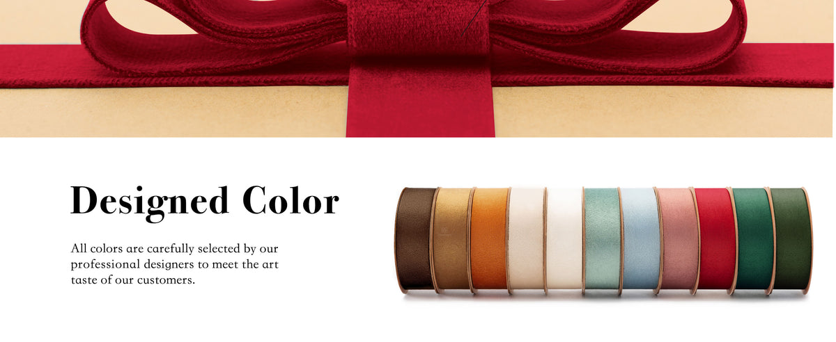 Eleven velvet ribbon rolls in warm neutrals, pastels, red, and green arranged side by side.