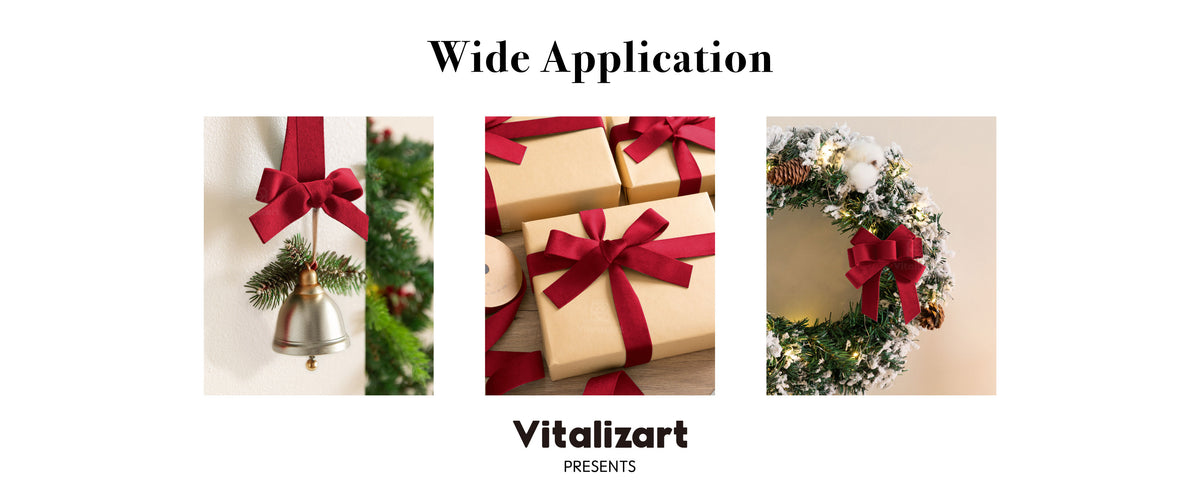 Red velvet ribbon decorates a hanging bell, wrapped gifts, and a snowy Christmas wreath.