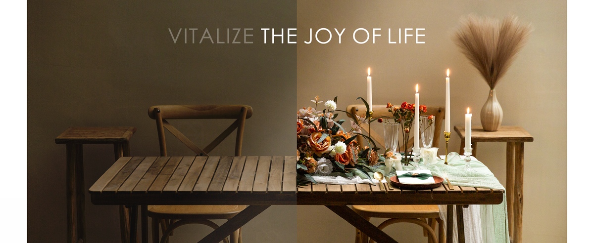 Rustic dining table shown before and after styling with flowers, pale linens, and lit candles