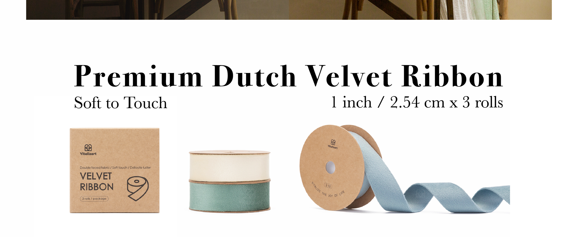 Ivory, dusty green, and pale blue velvet ribbon set shown packaged, stacked, and unspooled