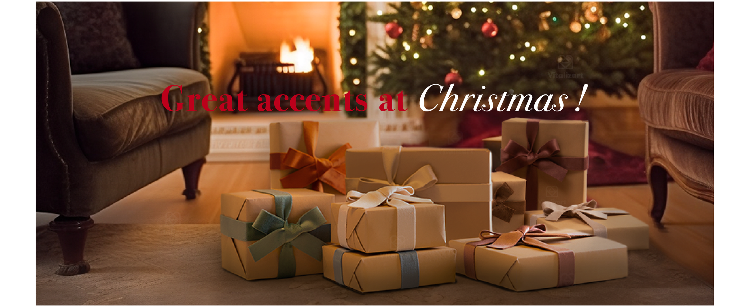 Kraft Christmas gifts tied with assorted velvet ribbons before a lit tree and fireplace in a cozy living room.