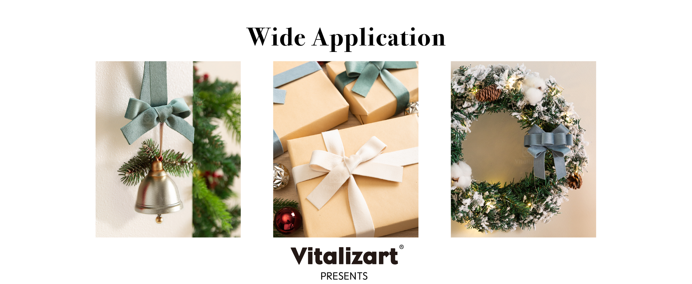 Green, ivory, and dusty blue velvet ribbon bows decorating a bell, gifts, and Christmas wreath