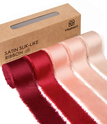 Frayed Fringe Silk Satin Ribbon 1" x 25 Yard (Red & Pink)