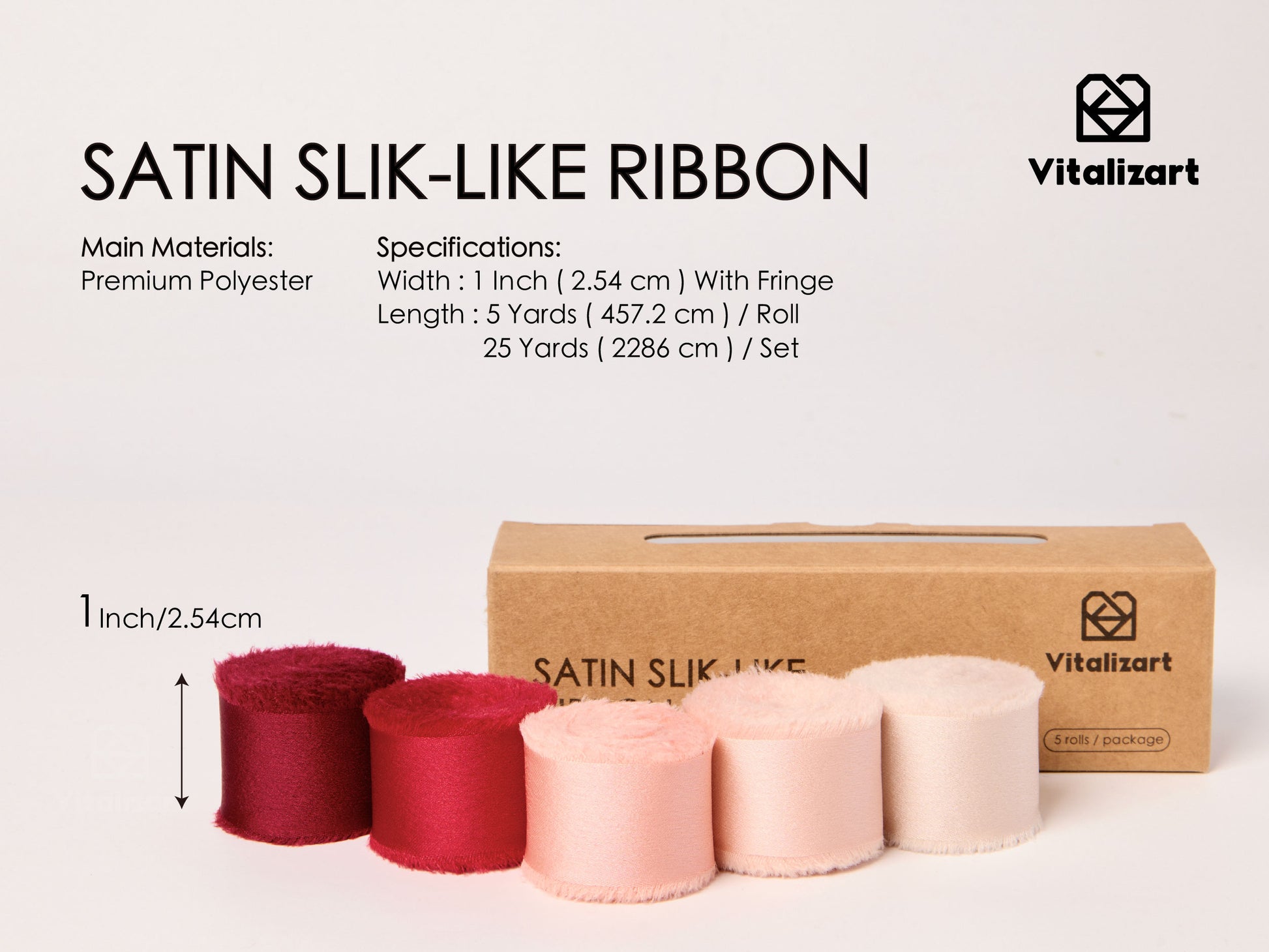 Frayed Fringe Silk Satin Ribbon 1" x 25 Yard (Red & Pink) - Vitalizart