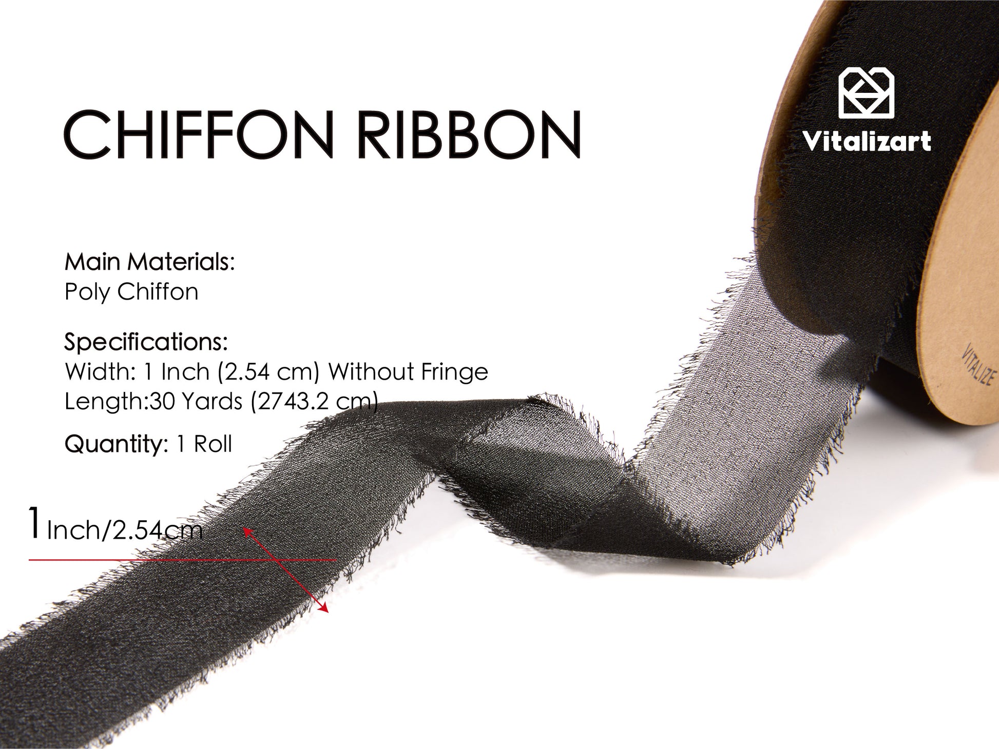 Fringe Chiffon Silk Ribbon 1 Roll 1" x 30 Yd (Black) - Vitalizart