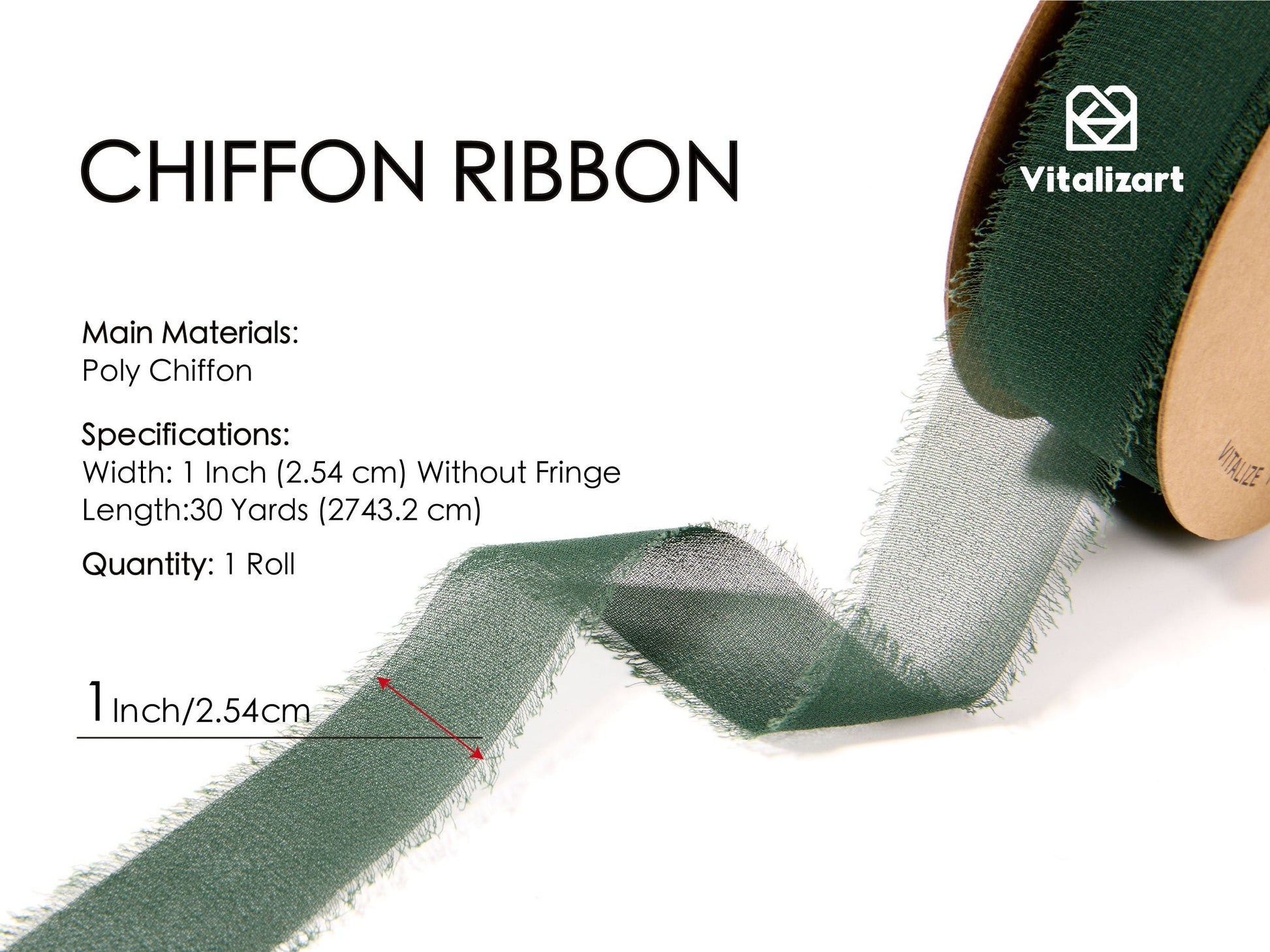 Fringe Chiffon Silk Ribbon 1 Roll 1" x 30 Yd (Dark Green) - Vitalizart