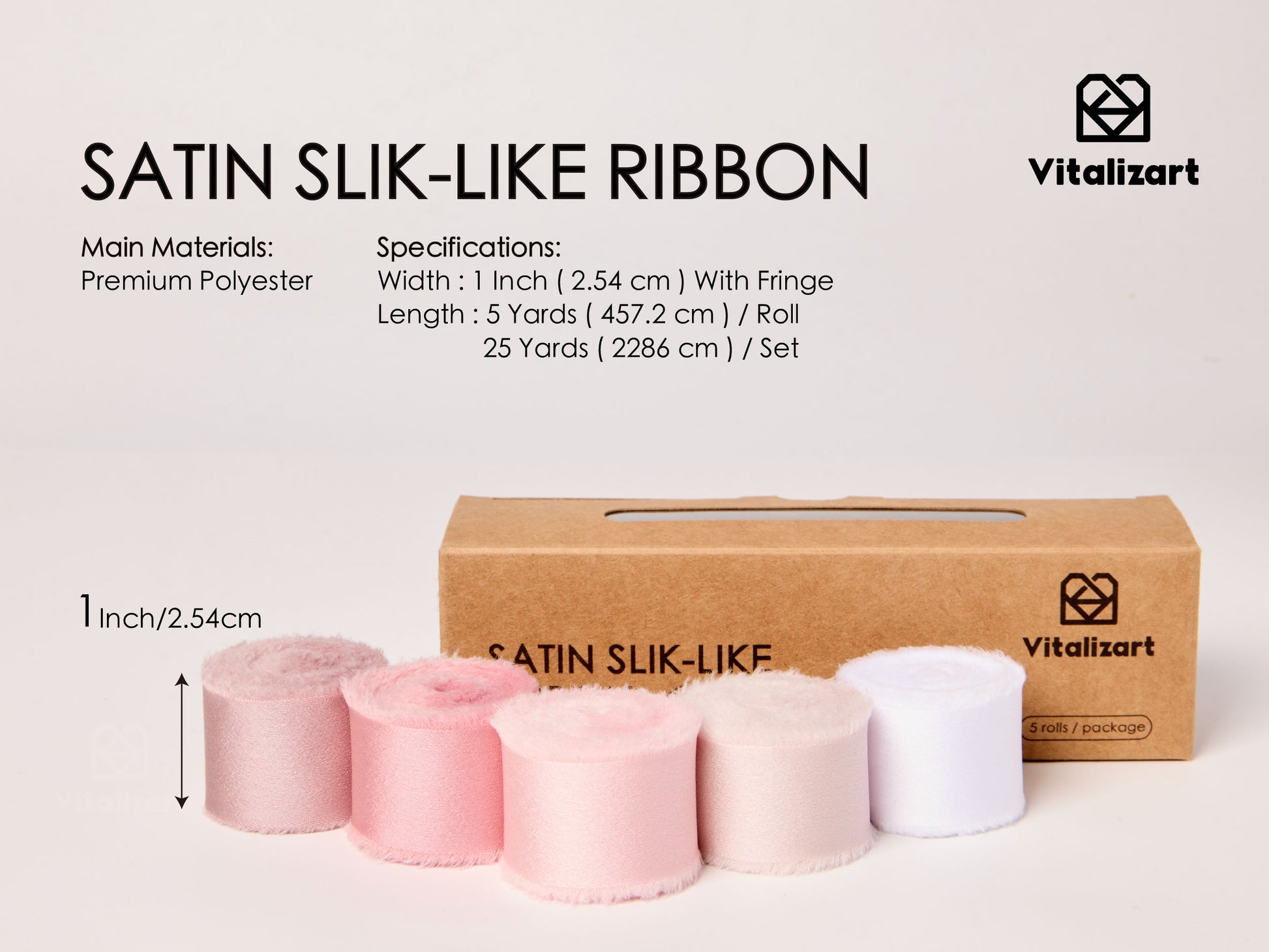 Frayed Fringe Silk Satin Ribbon 1" x 25 Yard (Pink & Nude) - Vitalizart