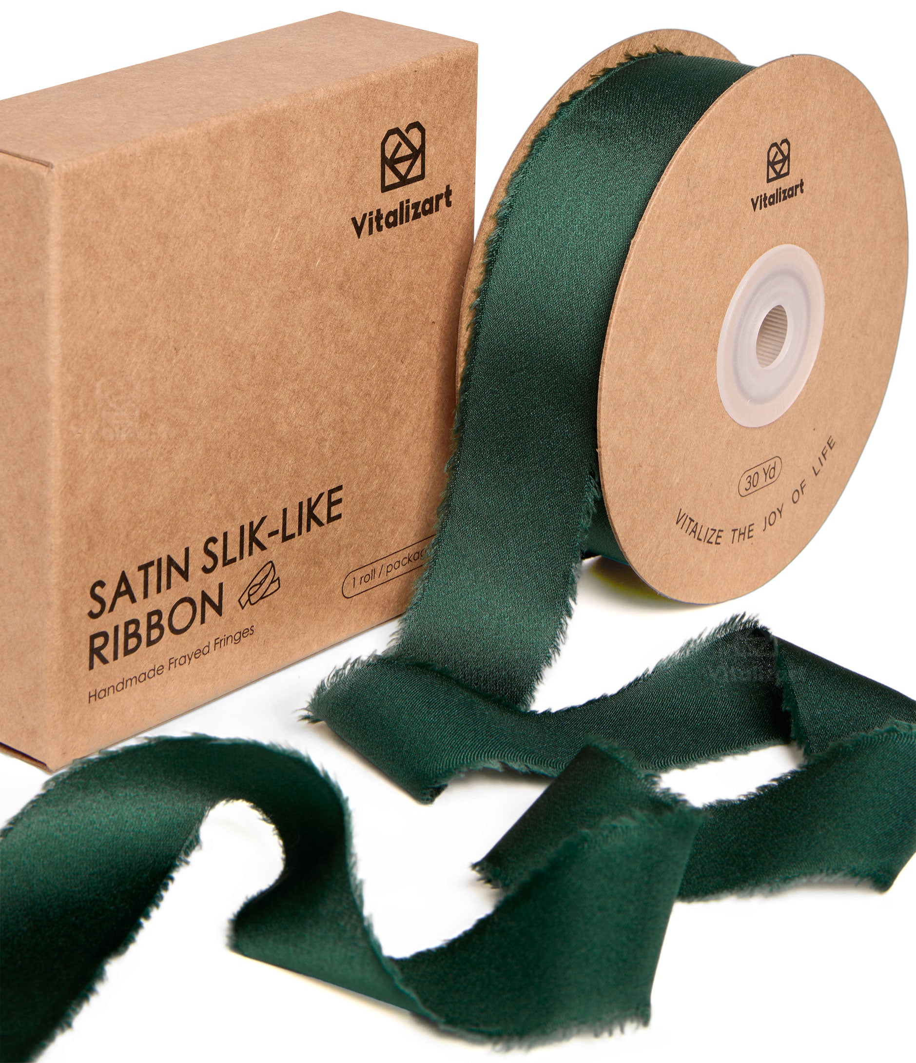 Frayed Fringe Silk Satin Ribbon 1" x 30 Yard (Dark Green) - Vitalizart