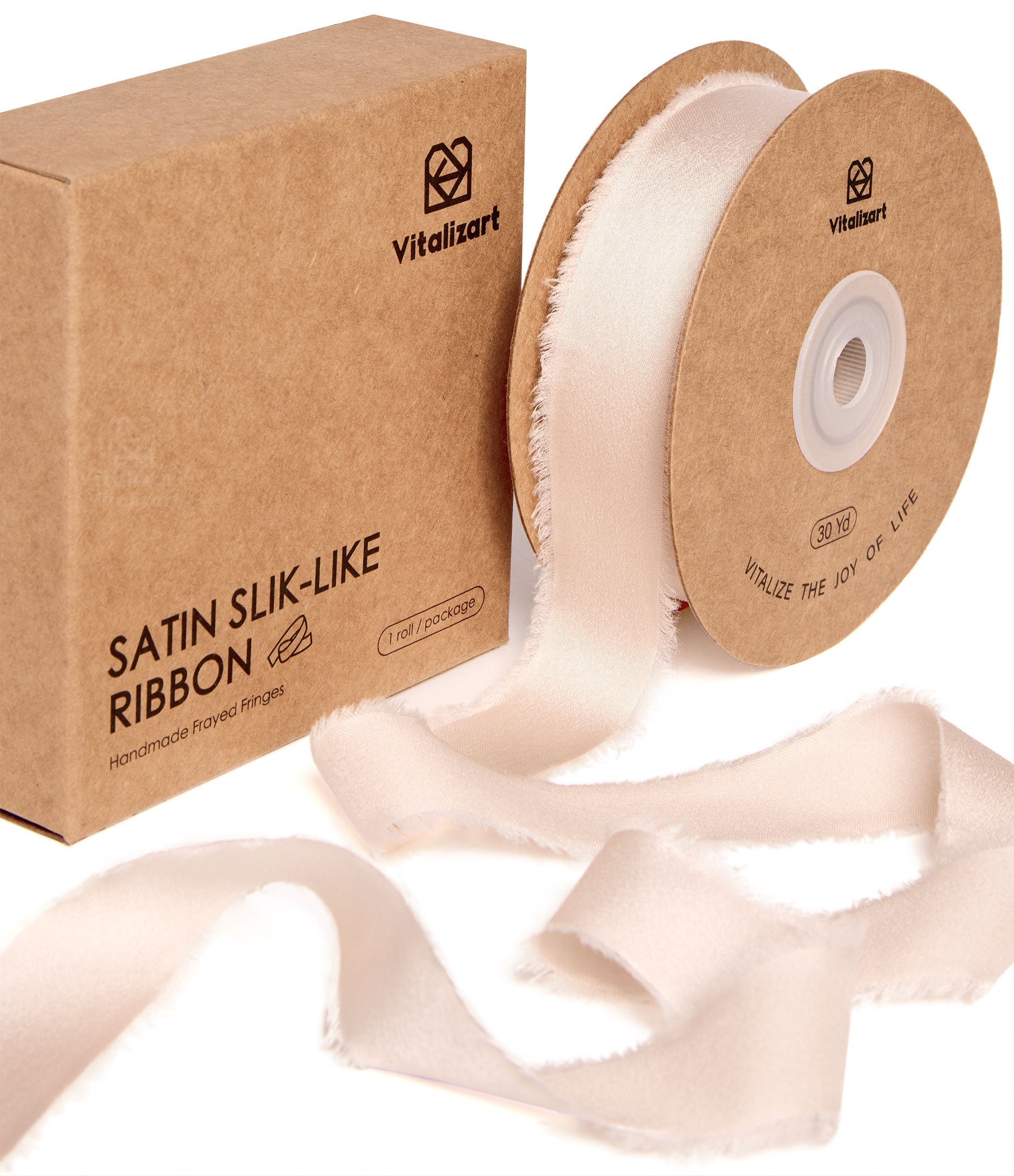 Frayed Fringe Silk Satin Ribbon 1" x 30 Yard (Light Nude) - Vitalizart
