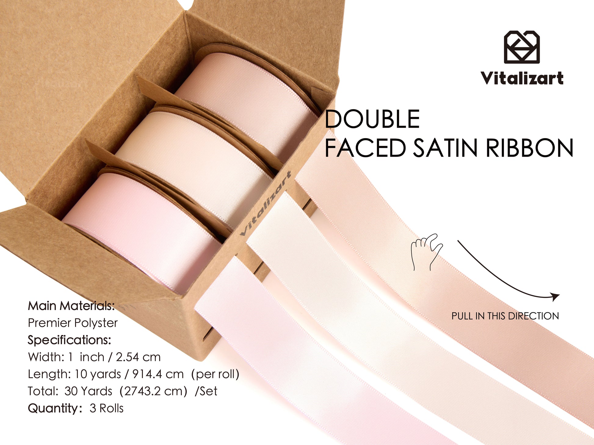 Double Face Functional Satin Ribbon 1" x 30Yd (Pink White Nude) - Vitalizart