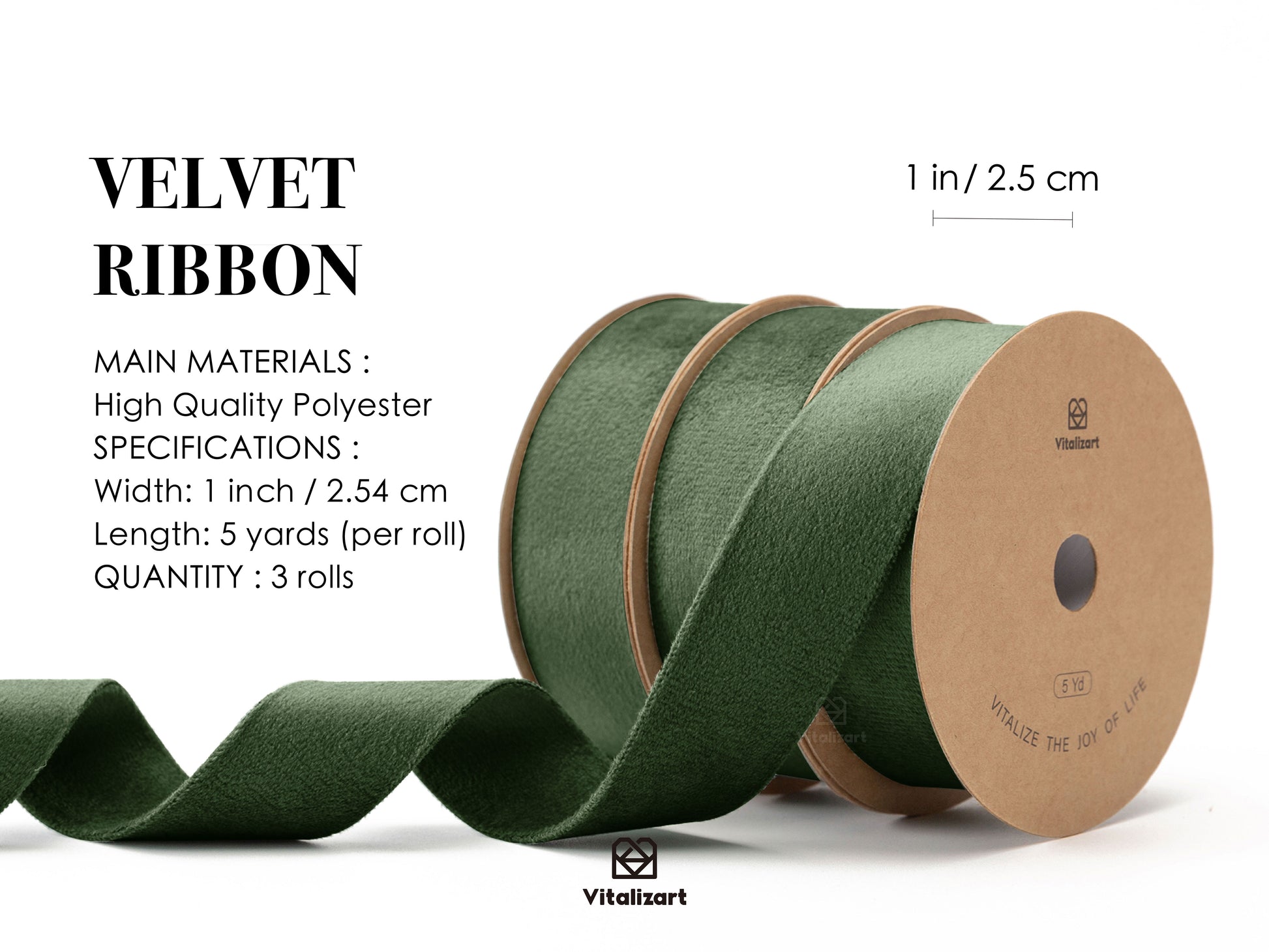Double Faced Velvet Ribbon Set 1" x 15 Yd (Dark Green) - Vitalizart