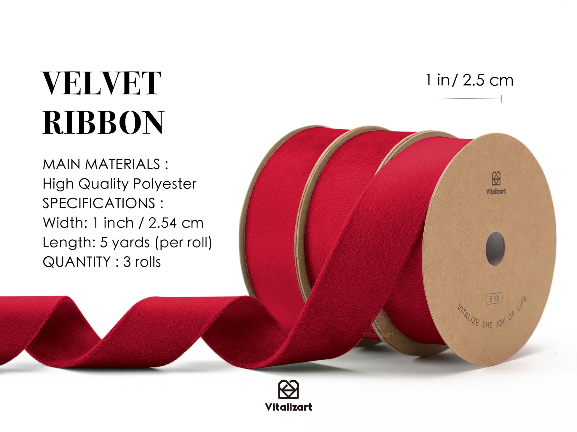 Double Faced Velvet Ribbon Set 1" x 15 Yd (Red) - Vitalizart