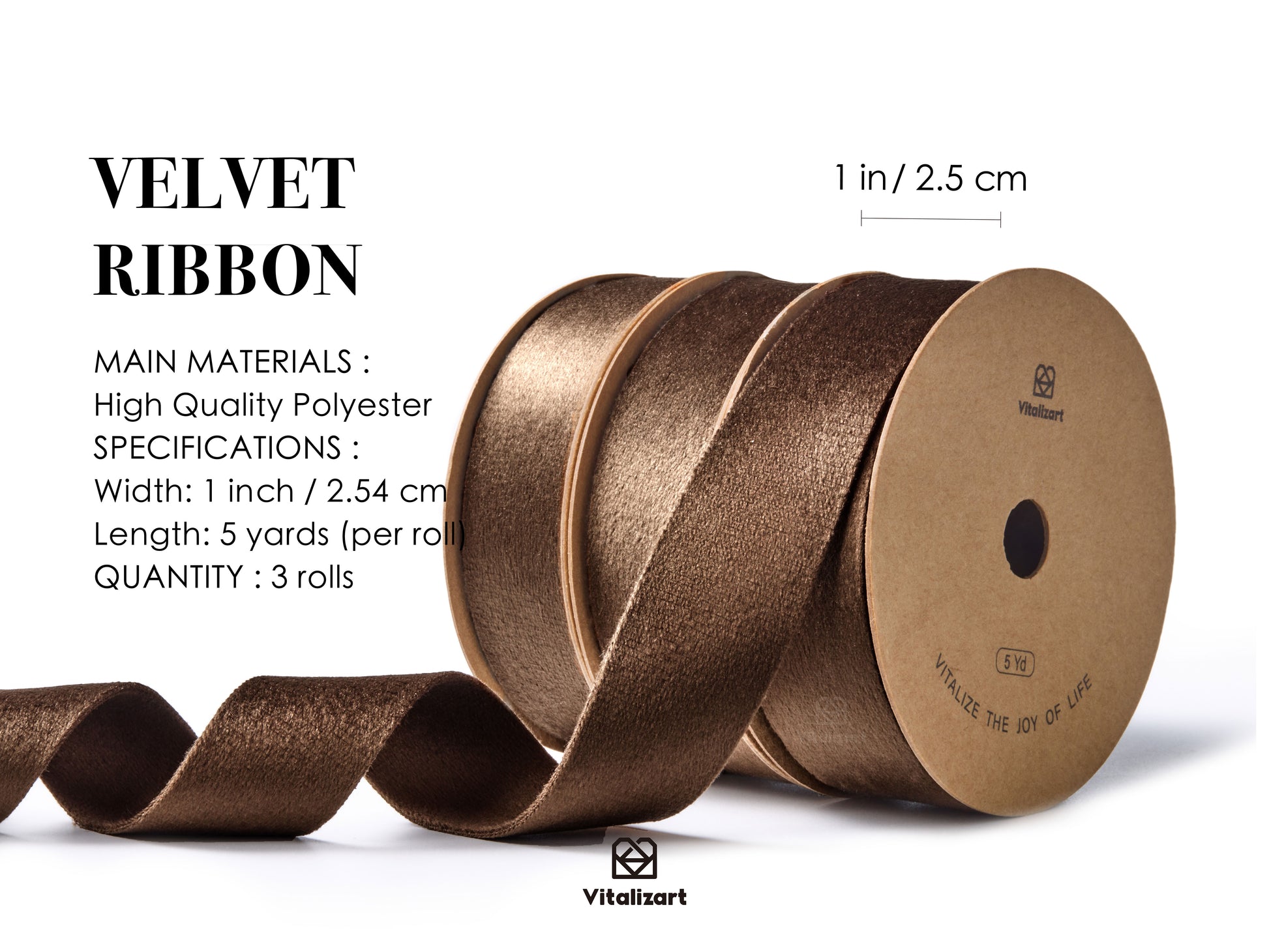 Double Faced Velvet Ribbon Set 1" x 15 Yd (Brown) - Vitalizart
