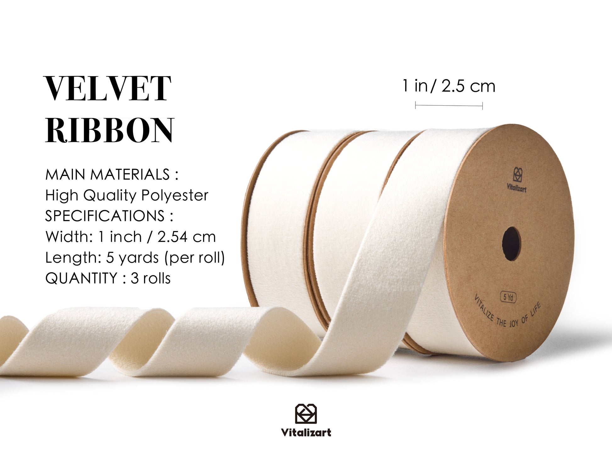 Double Faced Velvet Ribbon Set 1" x 15 Yd (Cream Ivory)(White) - Vitalizart