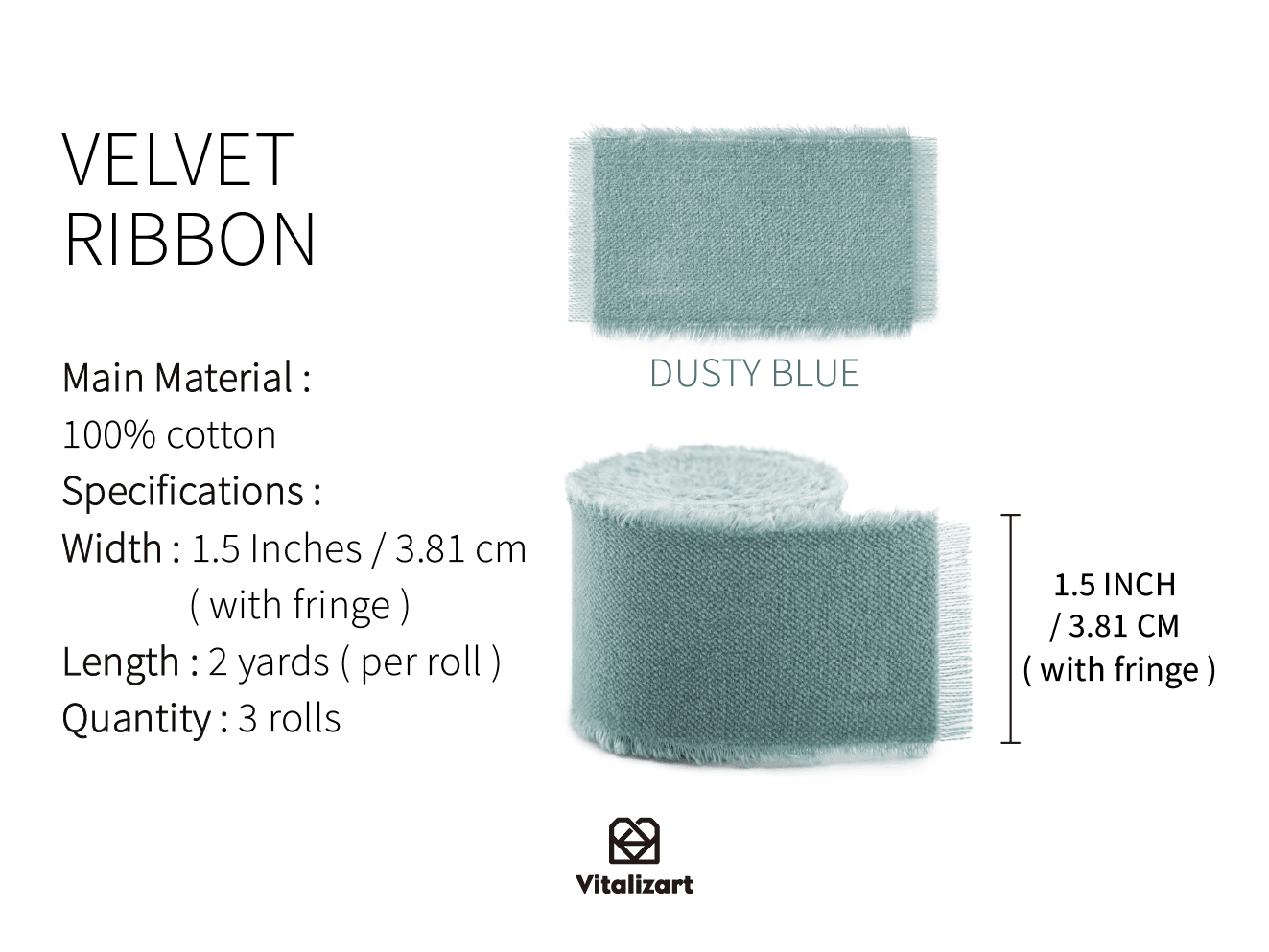 Frayed Fringe Velvet Ribbon 1.5" x 6 Yd (Dusty Blue) - Vitalizart