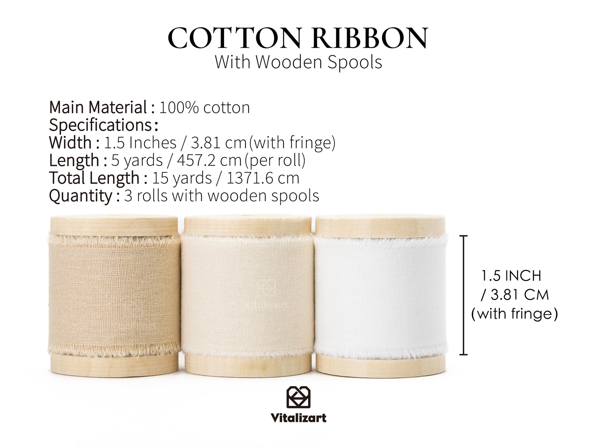 Cotton Ribbon Handmade Fringe 1.5" x 15 Yd (Nude & White) - Vitalizart