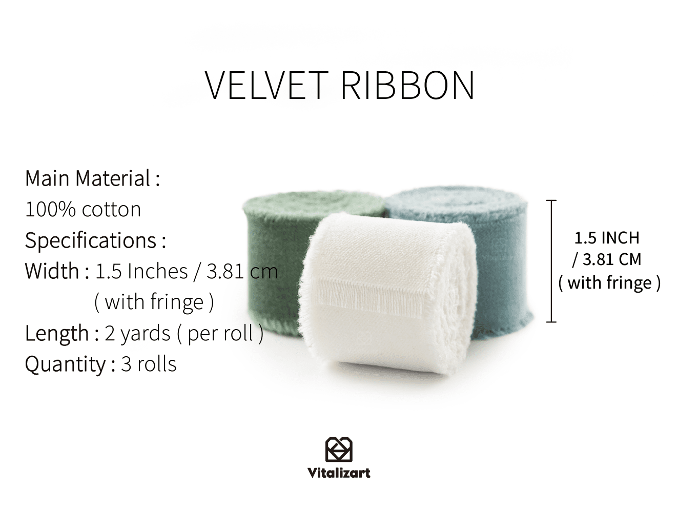 Frayed Fringe Velvet Ribbon 1.5" x 6 Yd (Ivory & Dusty Green & Dusty Blue) - Vitalizart