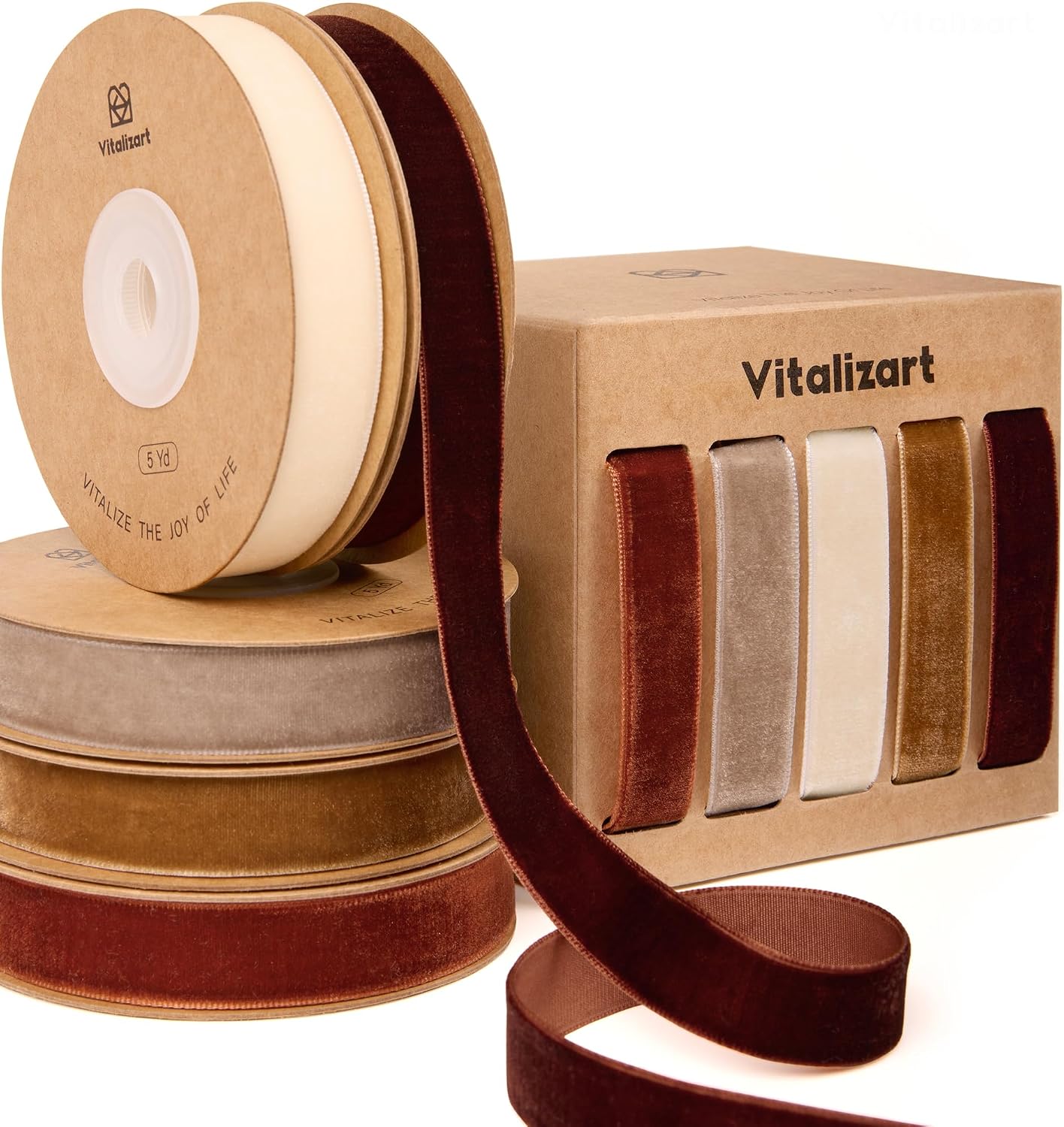 Vitalizart Velvet Ribbon 5/8" x 25 Yd, Christmas Ribbon Set, Rustic Gift Wrapping Ribbon for Crafts, Bows & Holiday Decor (Brown, Nude, Ivory) - Vitalizart