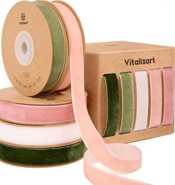 Vitalizart Velvet Ribbon 5/8" x 25 Yd, Christmas Ribbon Set, Rustic Gift Wrapping Ribbon for Crafts, Bows & Holiday Decor (Green & Pink)