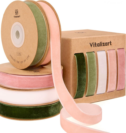 Vitalizart Velvet Ribbon 5/8" x 25 Yd, Christmas Ribbon Set, Rustic Gift Wrapping Ribbon for Crafts, Bows & Holiday Decor (Green & Pink) - Vitalizart