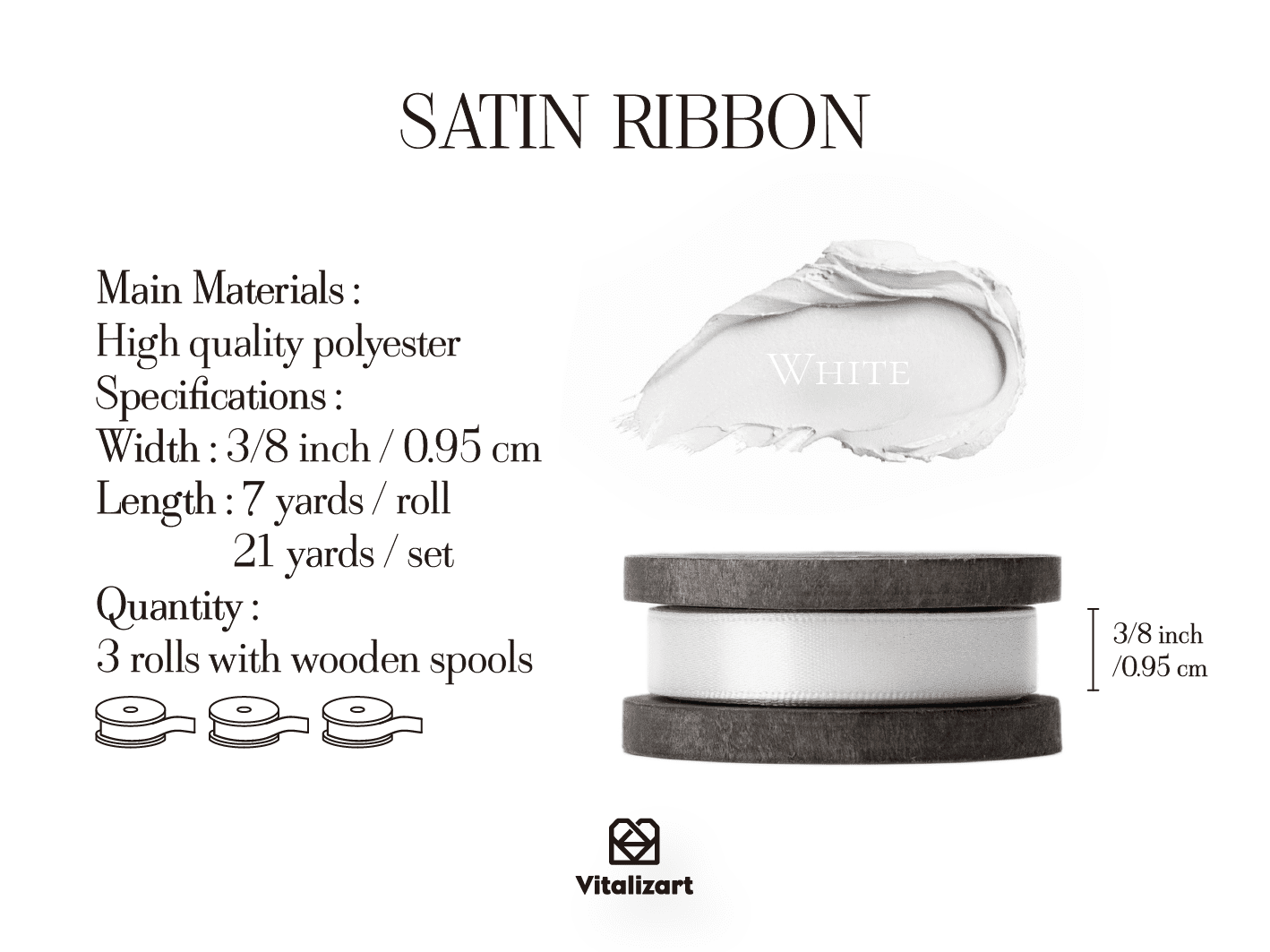 Double Faced Satin Ribbon 3/8" x 21 Yd (White) - Vitalizart