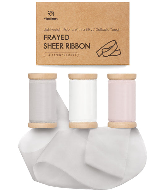 Silk Ribbon Frayed Sheer Ribbon 1 1/2" x 15 Yd（Cream & Nude & Champagne）