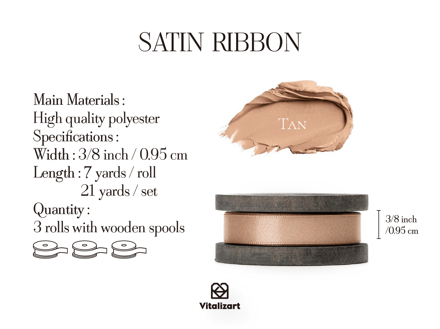 Double Faced Satin Ribbon 3/8" x 21 Yd (Tan) - Vitalizart
