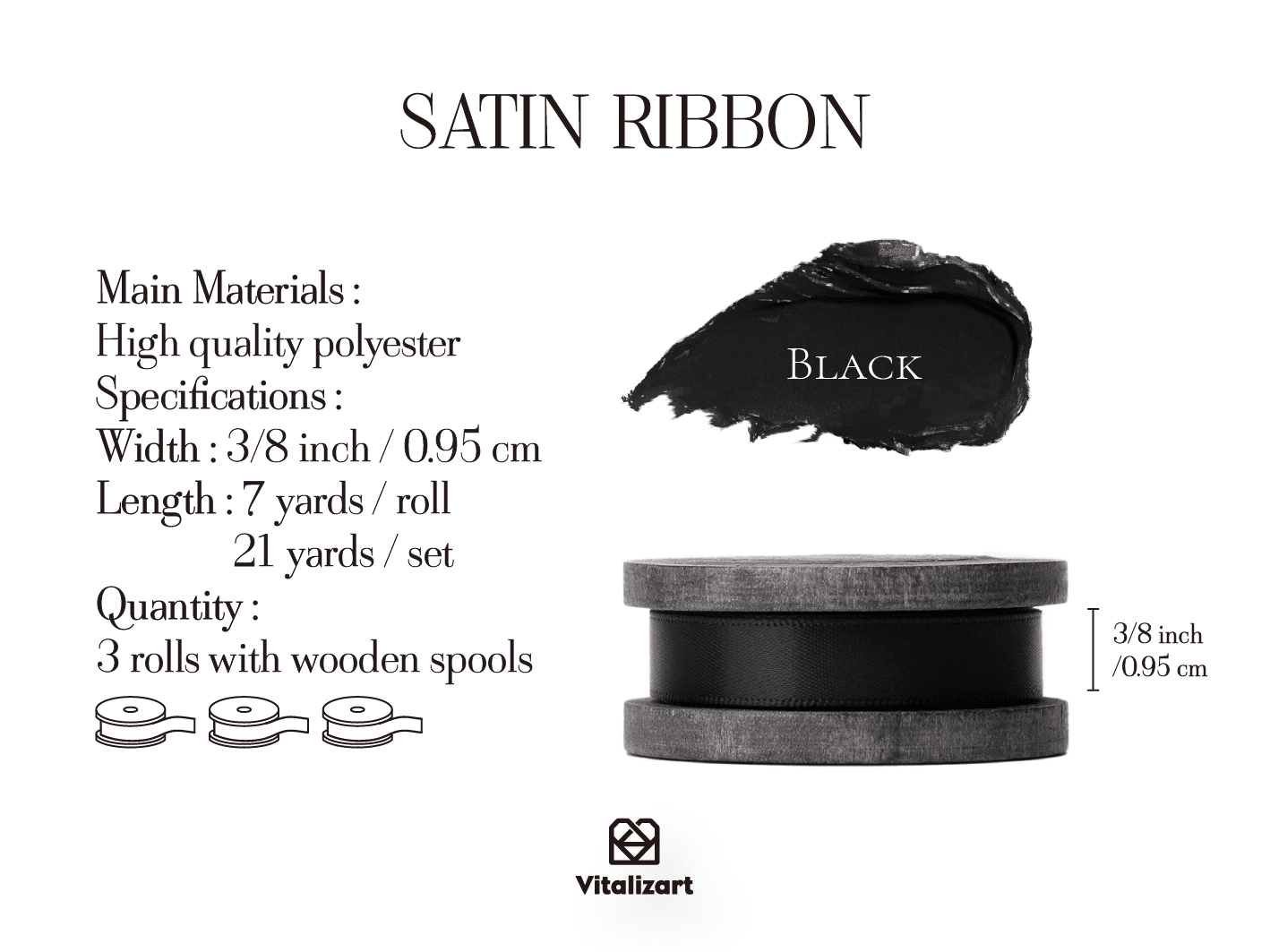 Double Faced Satin Ribbon 3/8" x 21 Yd (Black) - Vitalizart