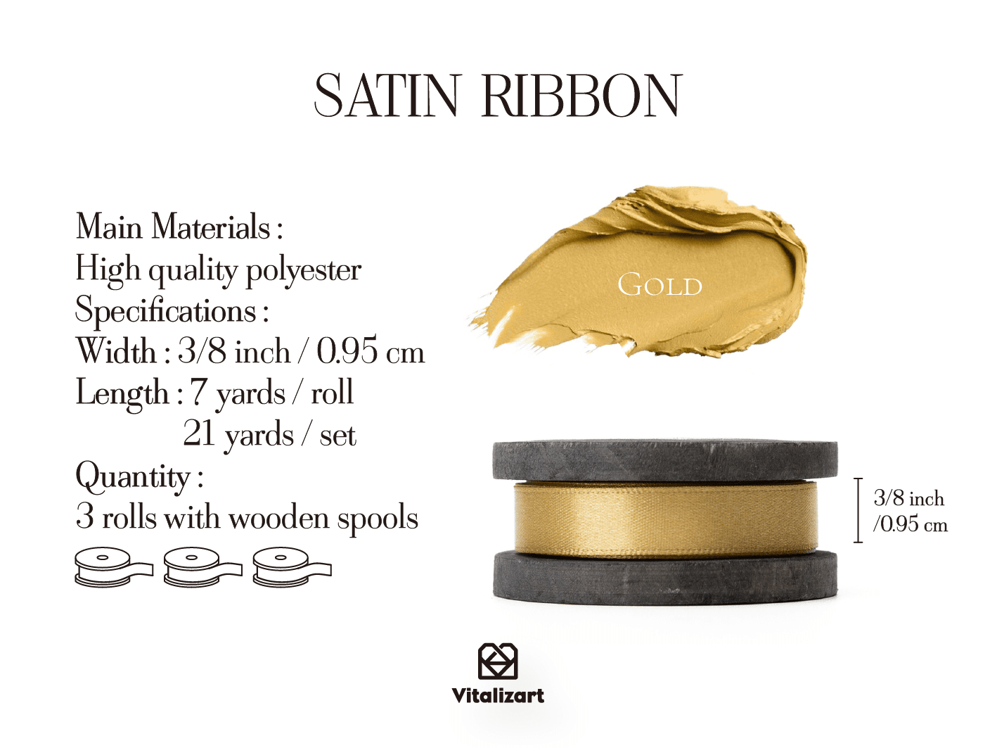 Double Faced Satin Ribbon 3/8" x 21 Yd (Gold) - Vitalizart