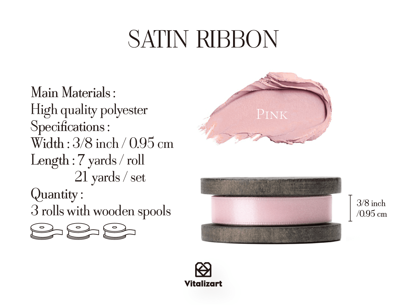 Double Faced Satin Ribbon 3/8" x 21 Yd (Pink) - Vitalizart