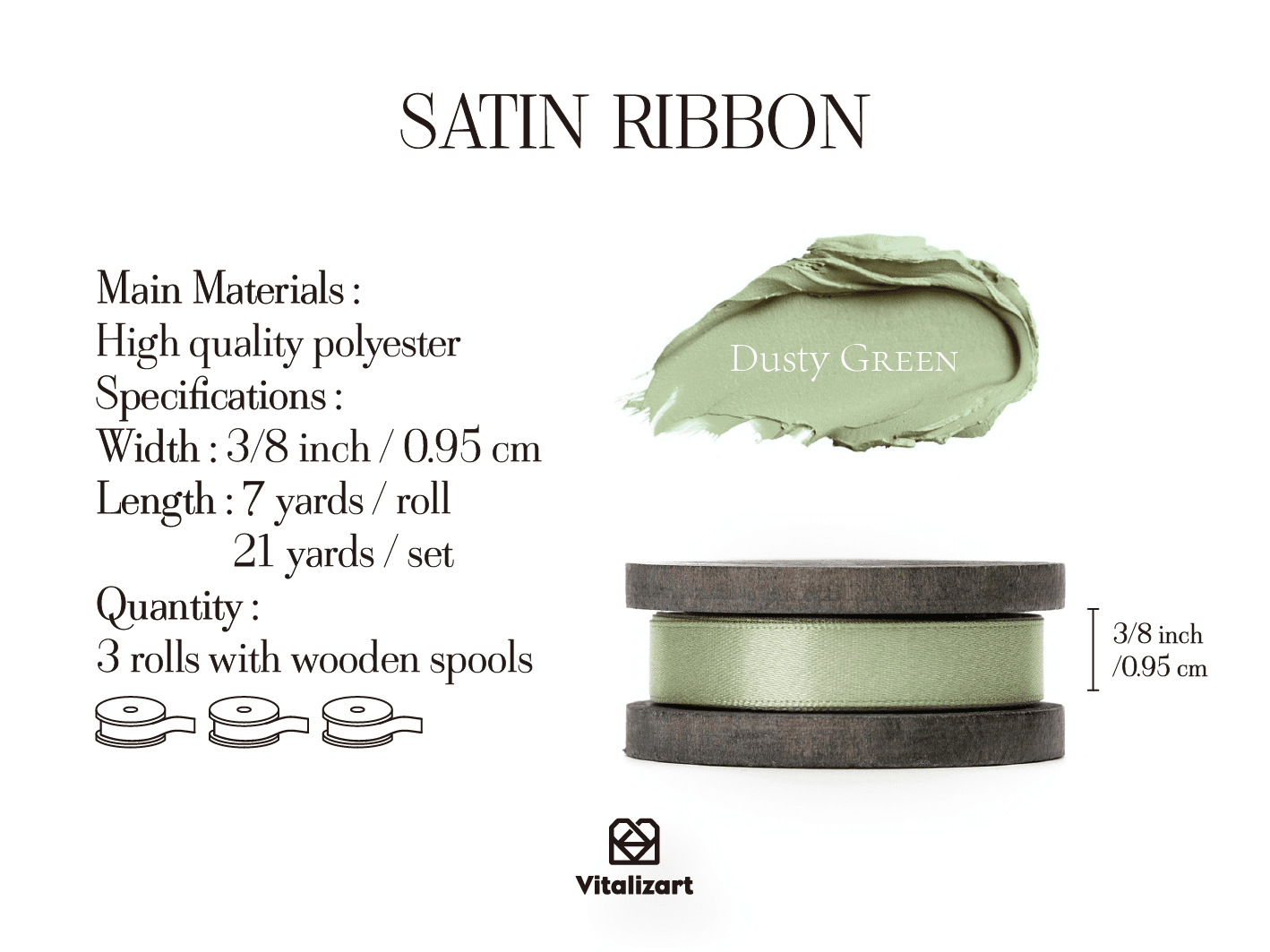 Double Faced Satin Ribbon 3/8" x 21 Yd (Dusty Green) - Vitalizart