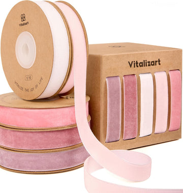 Vitalizart Velvet Ribbon 5/8" x 25 Yd, Christmas Ribbon Set, Rustic Gift Wrapping Ribbon for Crafts, Bows & Holiday Decor (Pink & White)