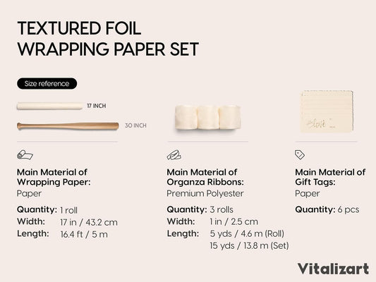 Vitalizart White Wrapping Paper Set, 17" x 197" Foil Gift Wrap with Ribbons & Tags-White Paper & White Ribbon - Vitalizart