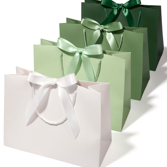 Vitalizart Paper Gift Bags With Ribbon Handles Set of 4 Green Bulk Reusable For Gift Wrap 13" x10"x5"Large Size( Green & Cream) - Vitalizart
