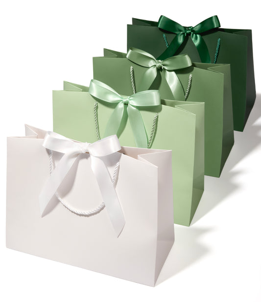 Vitalizart Paper Gift Bags With Ribbon Handles Set of 4 Green Bulk Reusable For Gift Wrap 13" x10"x5"Large Size( Green & Cream) - Vitalizart