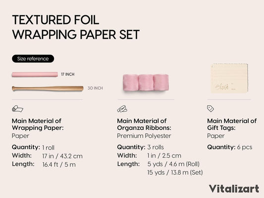 Vitalizart White Wrapping Paper Set, 17" x 197" Foil Gift Wrap with Ribbons & Tags-Pink Paper & Pink Ribbon - Vitalizart