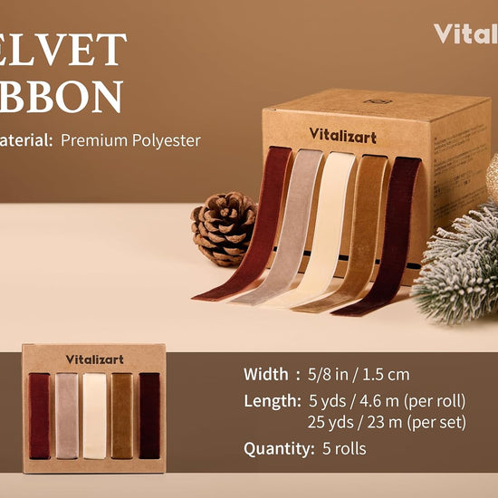 Vitalizart Velvet Ribbon 5/8" x 25 Yd, Christmas Ribbon Set, Rustic Gift Wrapping Ribbon for Crafts, Bows & Holiday Decor (Brown, Nude, Ivory) - Vitalizart