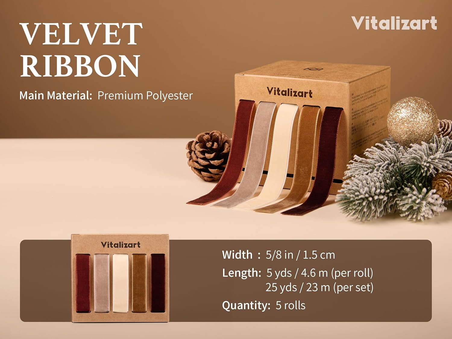Vitalizart Velvet Ribbon 5/8" x 25 Yd, Christmas Ribbon Set, Rustic Gift Wrapping Ribbon for Crafts, Bows & Holiday Decor (Brown, Nude, Ivory) - Vitalizart