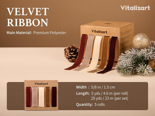 Vitalizart Velvet Ribbon 5/8" x 25 Yd, Christmas Ribbon Set, Rustic Gift Wrapping Ribbon for Crafts, Bows & Holiday Decor (Brown, Nude, Ivory) - Vitalizart