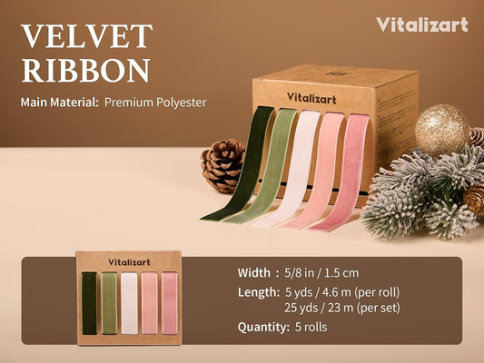 Vitalizart Velvet Ribbon 5/8" x 25 Yd, Christmas Ribbon Set, Rustic Gift Wrapping Ribbon for Crafts, Bows & Holiday Decor (Green & Pink) - Vitalizart