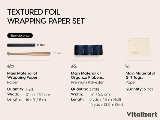 Vitalizart White Wrapping Paper Set, 17" x 197" Foil Gift Wrap with Ribbons & Tags-Blue Paper & Blue Ribbon - Vitalizart