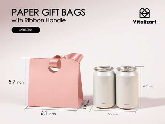 Vitalizart Paper Gift Bags With Ribbon Handles Set of 10 Pink Bulk Reusable For Gift Wrap Girls Kids Birthday Bridal Shower Party Favors Goodie Bags Candy Christmas 6.1"x2.95"x5.71" Mini(PINK)