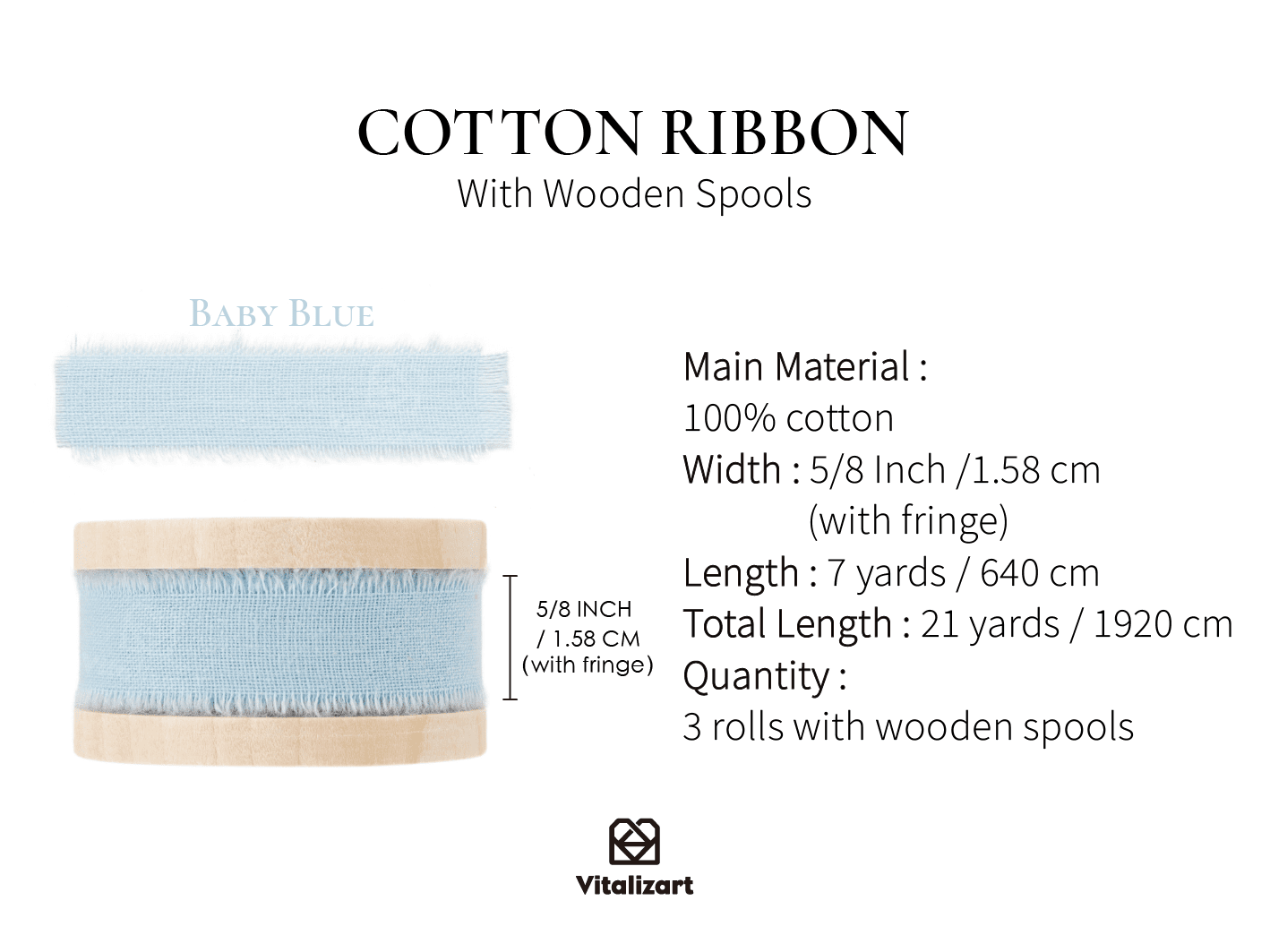 Cotton Ribbon Handmade Fringe 5/8" x 21 Yd (Baby Blue) - Vitalizart