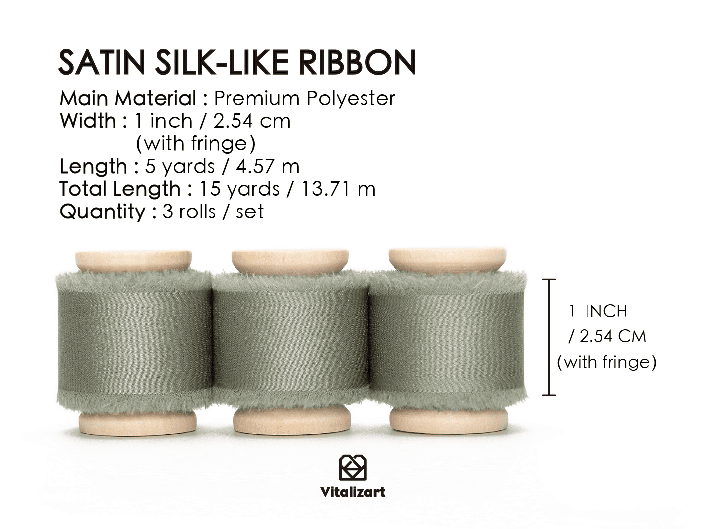 Silk Satin Ribbon With Wooden Spool 1" x 15 Yd (Dusty Green) - Vitalizart