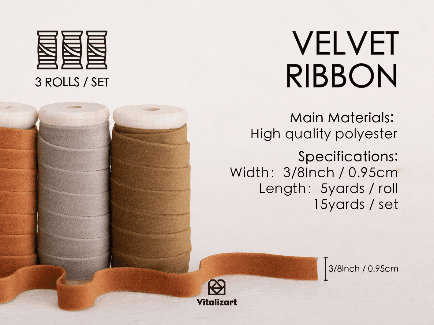 Velvet Ribbon With Wooden Spool 3/8" x 15 Yd (Khaki Terracotta & Nude) - Vitalizart