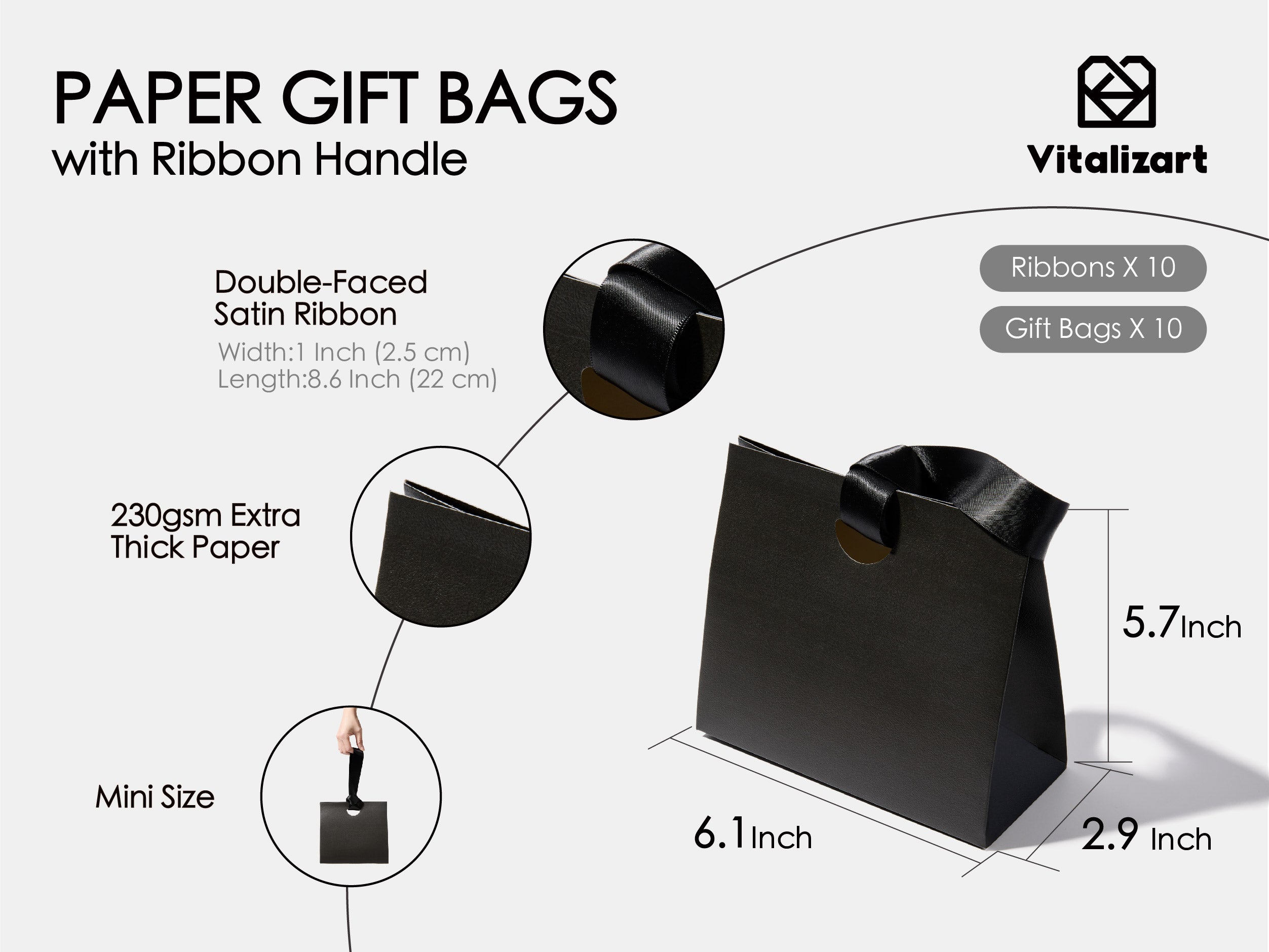 Vitalizart Paper Gift Bags With Ribbon Handles Set of 10 Black Bulk Reusable For Gift Wrap Girls Kids Birthday Bridal Shower Party Favors Goodie Bags Candy Christmas 6.1