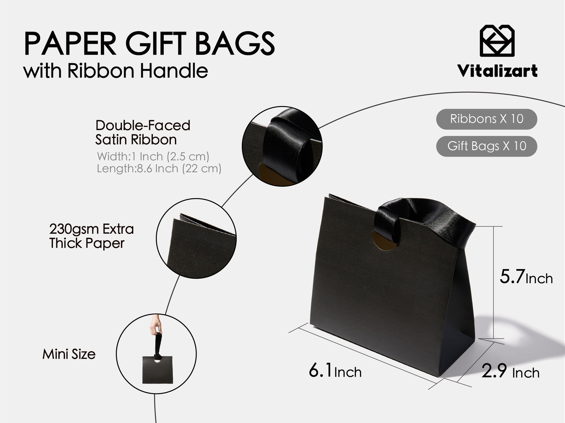 Vitalizart Paper Gift Bags With Ribbon Handles Set of 10 Black Bulk Reusable For Gift Wrap Girls Kids Birthday Bridal Shower Party Favors Goodie Bags Candy Christmas 6.1"x2.95"x5.71" Mini(Black) - Vitalizart